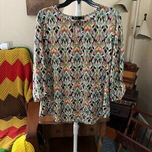 NWT Women’s Sz. L Cure Multi-Color Peacock Type Pattern Top ¾ Sleeves